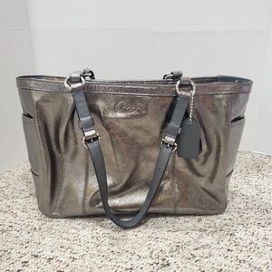 Coach Metallic Silver Gray Leather Double Handles Zipper Tote Shoulder Bag